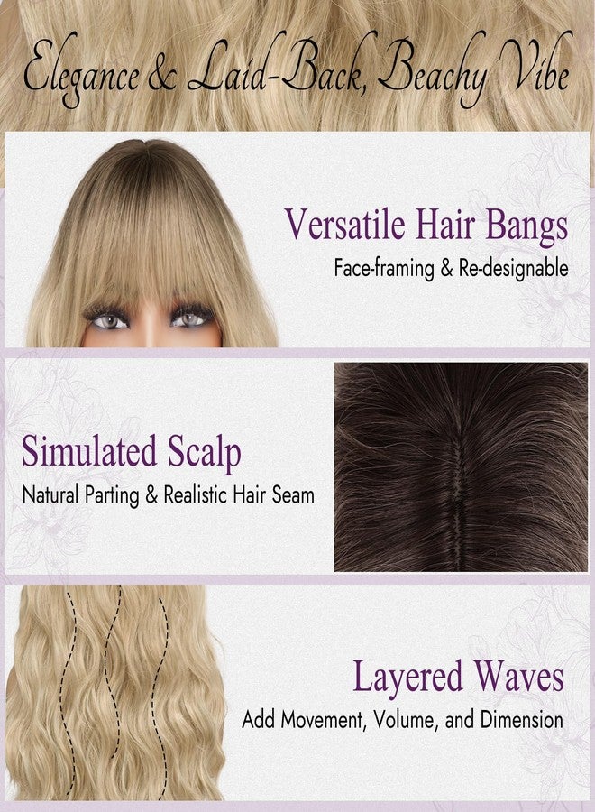 BARSDAR Long Wavy Natural Blonde Ombre Wig with Bangs - Long Wavy Blonde Ombre Wig with Dark Roots for Women - Thick Soft Synthetic Curly Wave Textured Face-Framing Bangs Natural Looking - Image 3